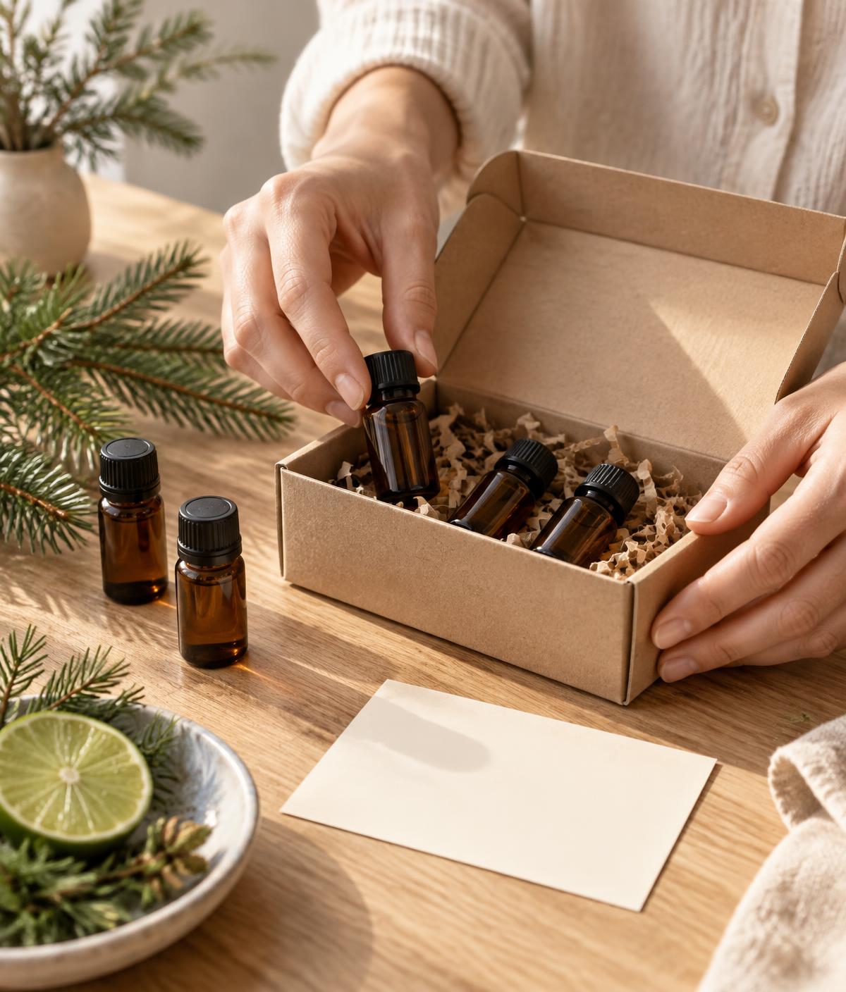Symbolbild eines vorbereiteten Aroma-Probensets mit kleinen Fläschchen und Begleitkarte